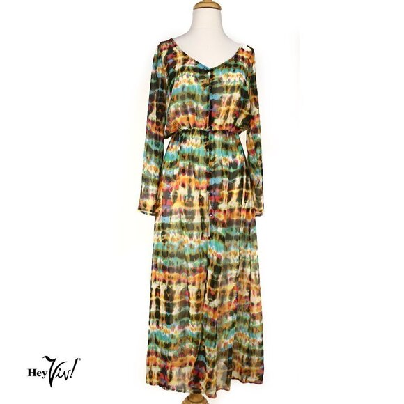 Sheer Summery Flowy Maxi Dress w Colorful Watercolor Pattern Size XL - Hey Viv - Picture 1 of 5